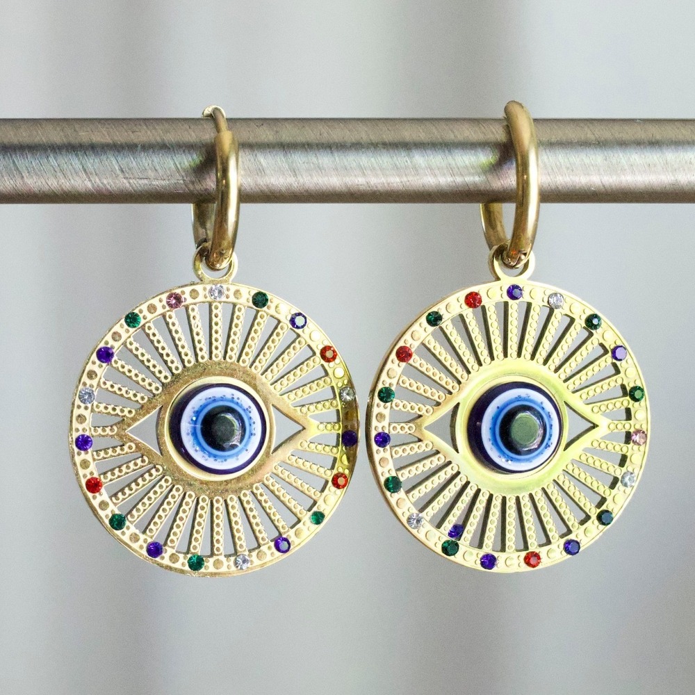 Gold‎ Tone Multi Color Rhinestone Evil Eye Sunburst Circular Drop Hoop Earrings
